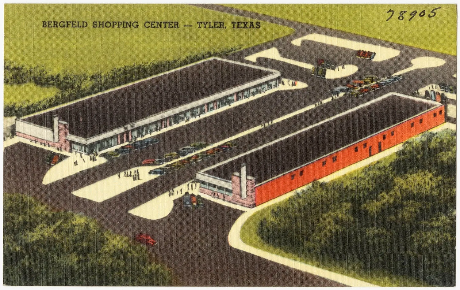 A linen postcard seen from above: two long, low store buildings with cars parked between them and trees around the lot.