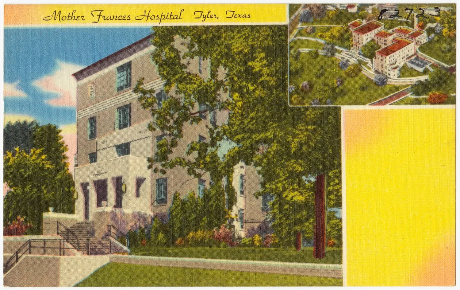 A linen postcard of a pale, multistory hospital among trees, with a small aerial view of the grounds set into the corner.